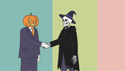Jackolantern businessman shakes hands with a skeleton in a witch hat Halloween partnership