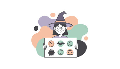 Friendly witch character holding a sign with cute Halloween icons ghost bat cauldron pumpkin
