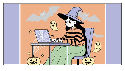 Halloween witch working on laptop with festive decorations Spooky seasonal work concept