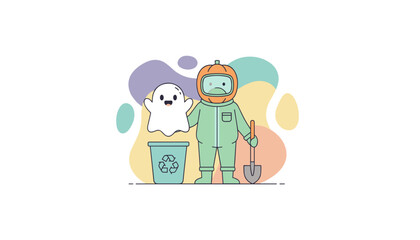 Pumpkinheaded cleaner with ghost and recycling bin Ecofriendly Halloween fun