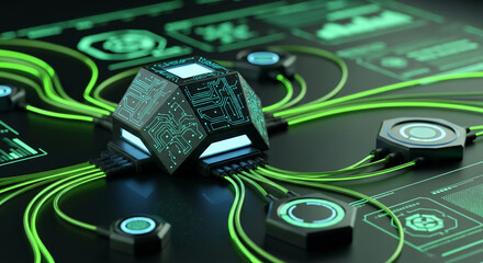 Futuristic Technology Hub with Glowing Connections and Data Visualization.