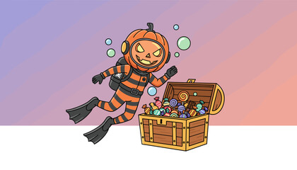 Pumpkin diver discovers Halloween candy treasure chest Fun spooky festive treat hunt