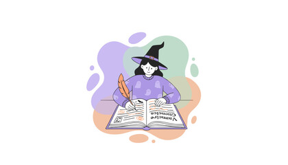 Young witch writing a fantasy story in an open book with a feather quill perfect for Halloween creativity
