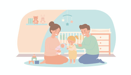 Happy family with newborn baby and toddler in a cozy nursery depicting sibling bond