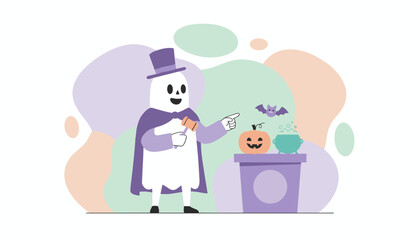 Friendly ghost host with gavel points to spooky Halloween auction items pumpkin cauldron and bat