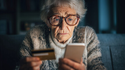 scared elderly woman holding a credit card, using a smartphone to do online shopping on a mobile app