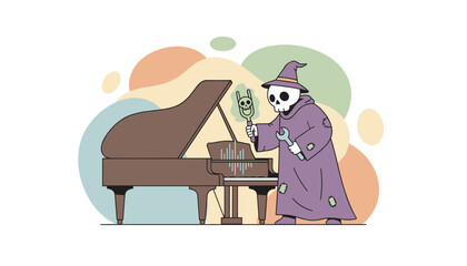 Skeleton wizard tunes grand piano with heavy metal magic creative music production concept