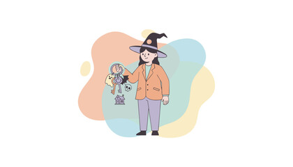 Young woman in witch hat holding spooky house keys Halloween property concept