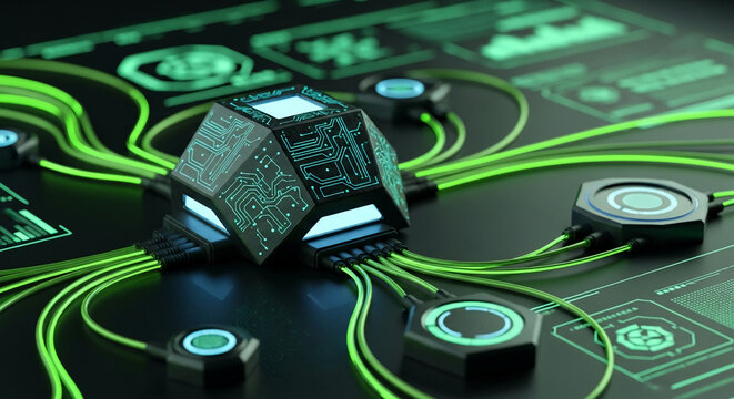 Futuristic Technology Hub with Glowing Connections and Data Visualization. - Powered by Adobe