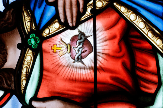 Praz sur Arly church.  The Sacred Heart of Jesus. Stained window. France.