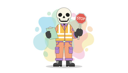Cartoon skeleton in safety vest holding stop sign and clipboard Work safety regulation deadlines