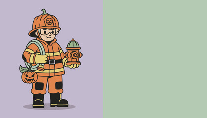 Halloween firefighter character with pumpkin helmet hose and hydrant on split background