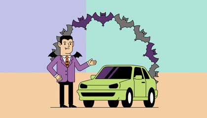 Cartoon vampire presents a green car with flying bats perfect for Halloween sales and deals