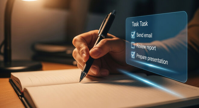 Hand Writing Task List in Notebook with Futuristic Interface. - Powered by Adobe