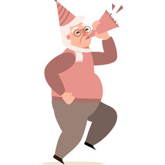 Elderly Man In Party Hat Blowing Horn Celebrating Joyfully Wearing Pink Vest Scarf And Brown Pants Isolated On White Background