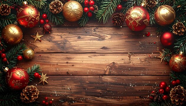 Christmas border. Wooden christmas frame with festive decorations and ornaments - baubles, tree branches and holly berries.