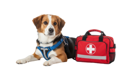 A cute dog with a red dog first aid kit cutout isolated transparent bg png