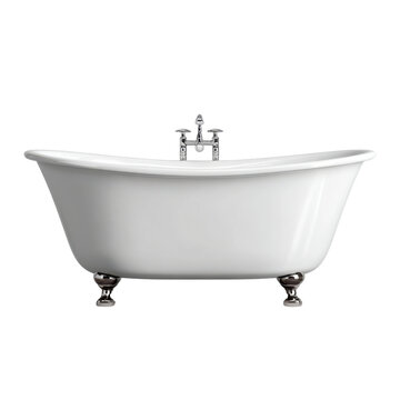 White freestanding bathtub with chrome claw feet and faucet on black clawfoot, Cut Out, Isolated On White Background, Png Transparent