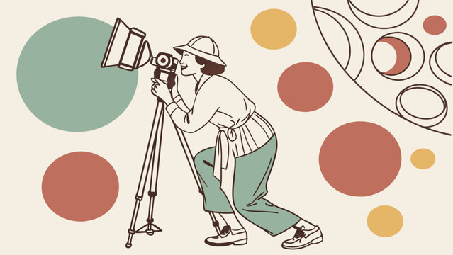 Astronomy Enthusiast Gazing Through Telescope with Abstract Celestial Elements.
