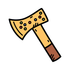 Hand Drawn Illustration of a Wooden Axe with Orange Head and Brown Handle Decorated with Colorful Dots on a White Background
