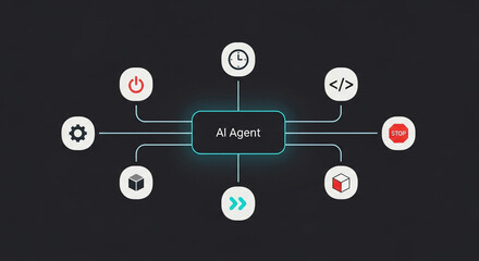 AI Agent Central Hub with Connected Icons and Data Flow.