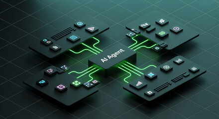 AI Agent Concept - Interconnected Modules with Glowing Green Pathways.
