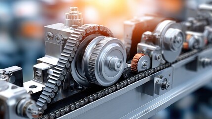 Fototapeta premium Close-Up of Industrial Machinery with Gears, Chains, and Metal Components in a High-Tech Manufacturing Environment