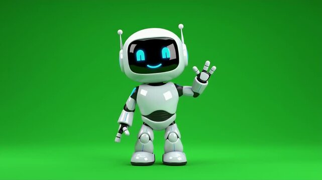 Cute 3D mini robot character animation with hand waving motion. Green screen background. Perfect looping. Artificial intelligence virtual assistant robot.