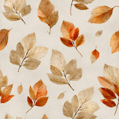 Obraz premium Seamless pattern of autumn leaves on a light background. Fall season creative concept for textile, wrapping paper, wallpaper, and seasonal decor.