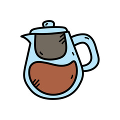Light Blue Glass Teapot Filled With Brown Liquid and Infuser Inserted Against White Background Simple Doodle Style Illustration