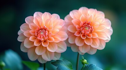 Blooming Peach Dahlia Flowers with Pink Edges and Yellow Centers Against Dark Green Background