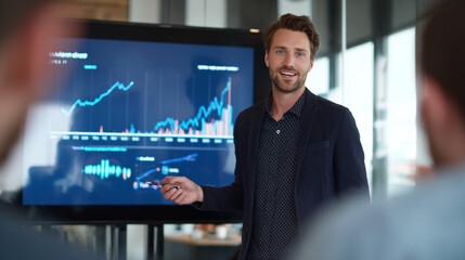 a diverse group of business people having a meeting, standing around a table and talking with a female leader or manager in an office conference room or lounge area.