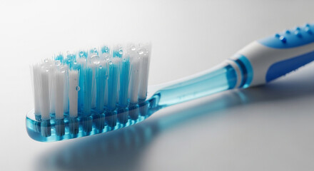 Closeup of a blue toothbrush isolated on white background, showcasing its bristles and design, perfect for dental hygiene and oral care concepts