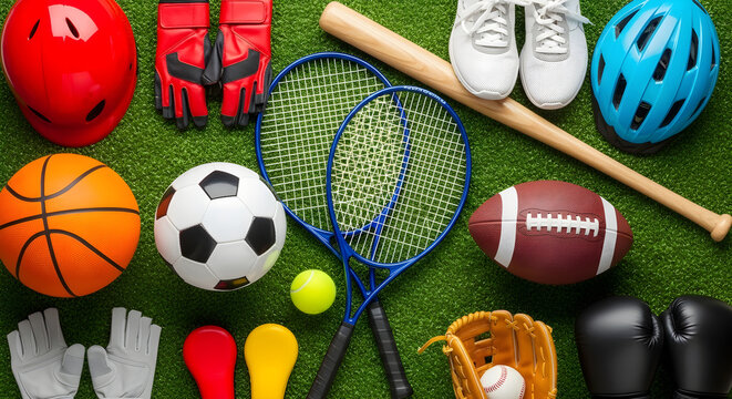 Collection of various sports equipment laid out on green grass