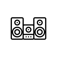 Black Outline Icon of a Stereo System with Two Tall Speakers and a Central Unit on a Transparent Background