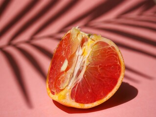 Fresh grapefruit half on pink surface with tropical shadow pattern