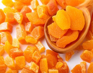 Dried apricot and mango pieces on a wooden spoon