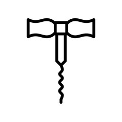 Black outline illustration of a corkscrew with a white background and transparent background
