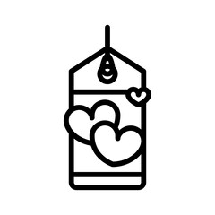 Black Outline Illustration Of A Gift Tag With Two Hearts And A Small Tassel On A White Background