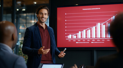 a diverse group of business people having a meeting, standing around a table and talking with a female leader or manager in an office conference room or lounge area.