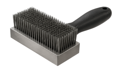 Wide flat wire brush for efficiently covering large areas on construction sites.