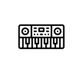 Black Outline Illustration of an Electronic Keyboard Musical Instrument with Speakers and Control Panel on a White Background