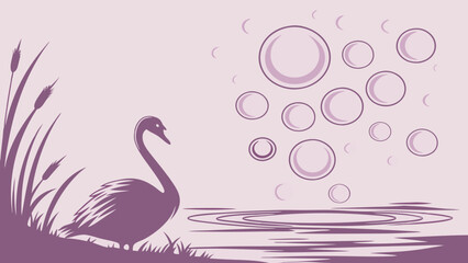 Fototapeta premium Elegant Illustration of a Swan with Reeds and Bubbles.