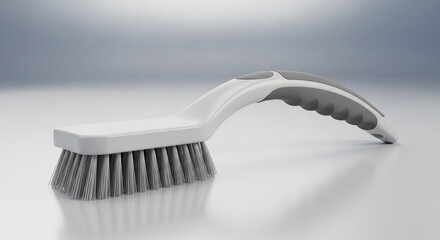 Closeup of a gray wire brush with a white handle isolated on white background, perfect for cleaning and scrubbing various surfaces with ease and efficiency