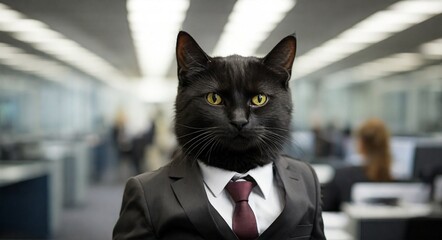 Black cat wearing black suit and red tie in office. Office illustration of professional black feline in formal attire. Business themed black cat character.