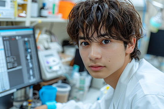 研究室で機器操作を行う若手研究員のポートレート、未来の科学技術を担う世代