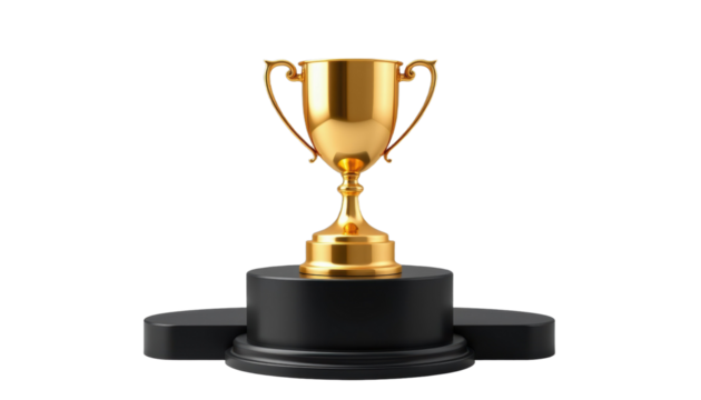 Celebrating Achievement with a Golden Winner's Trophy on a Podium Studio Setting Focused Perspective Success Concept
