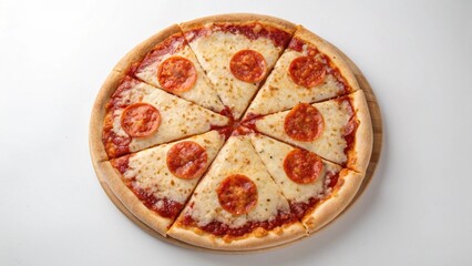 An isolated image of a delicious Italian pepperoni pizza with melted mozzarella cheese, tomato sauce, and crust on a white background