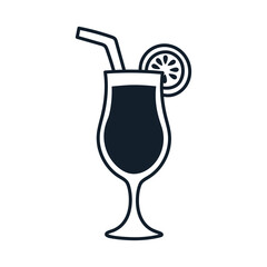 Black Outline Tropical Drink With Slice of Lemon and Straw on Transparent Background