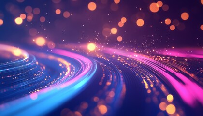The illustration shows dynamic, curving lines of light in shades of pink and blue, set against a dark background with bokeh effects and glittering particles.
